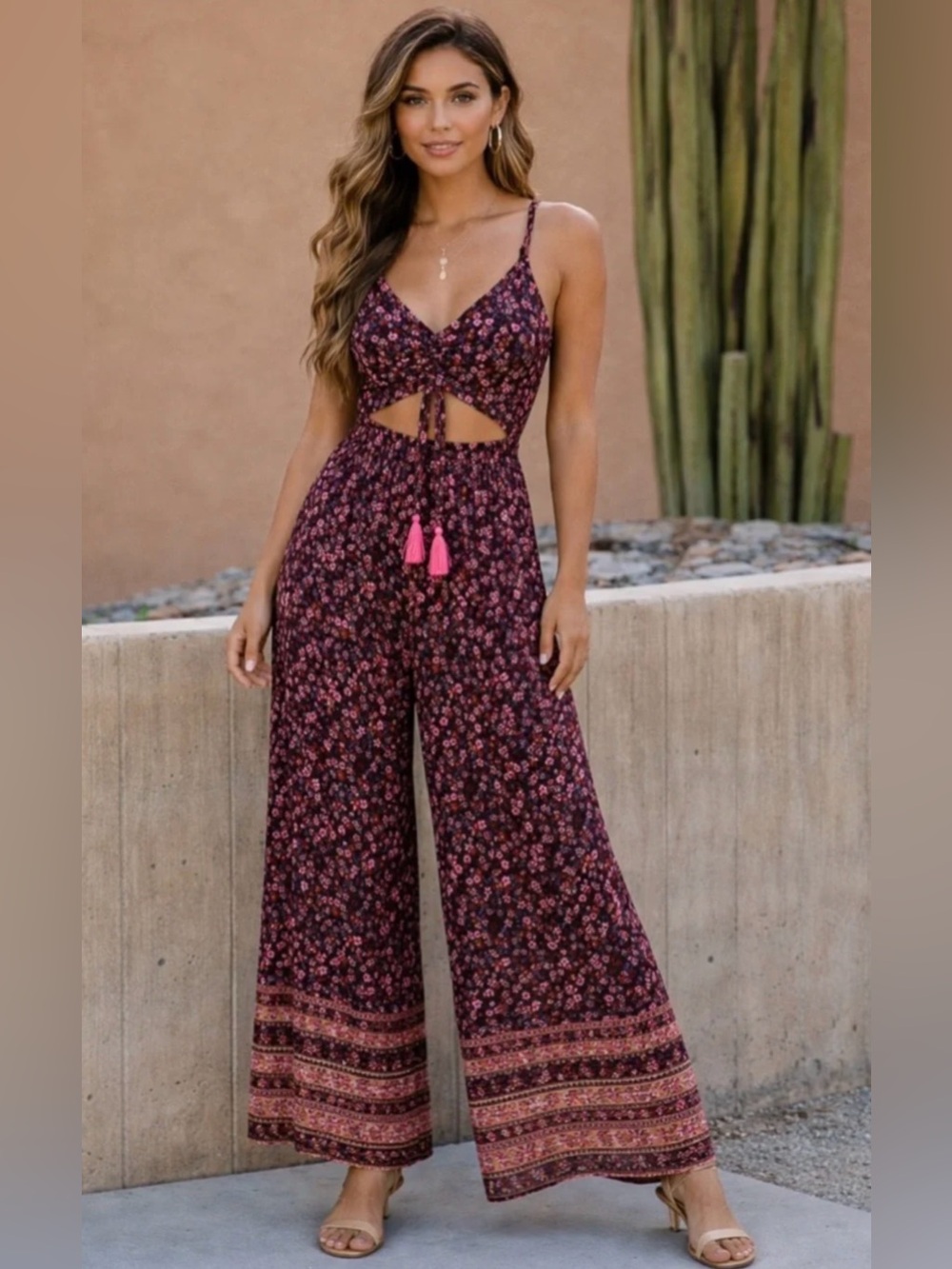 NWT Brown Floral Wide-Leg Cutout Jumpsuit with Pink Tassels